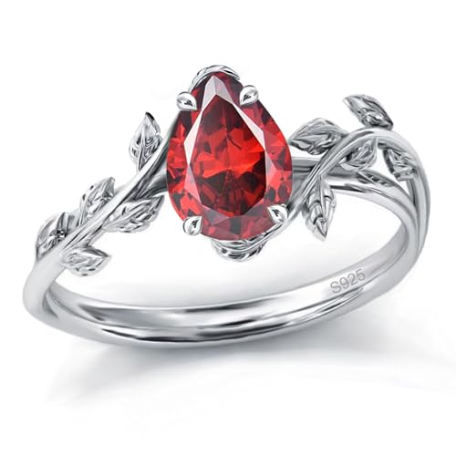Wasee January Birthstone Ring 925 Sterling Silver Garnet Ring Pear Shaped Leaf Promise Ring for Her...