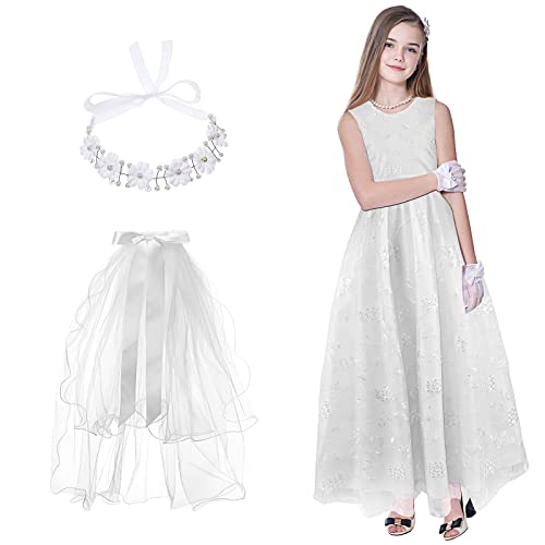 Xuhal 3 Pcs Wedding Girl Set, First Communion White Lace Girl Dress with Belt Floral Crown Head Wreath with Veil(Size 12) by Xuhal - Used condition - Image 8