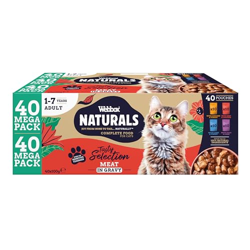 Webbox Naturals Complete Adult Wet Cat Food, 40 x Meat in Gravy Variety Mega Pack - Made with Natural Ingredients and No Nasties (40 x 100g Pouches)