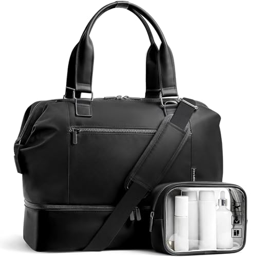 Travel Duffle Bag for Women 40L Weekender Bags Airline Approved Carry On with Shoe Compartment & Waterproof Wet Pocket Durable Nylon Weekender Overnight Bag for Travel Gym Business Trip Black
