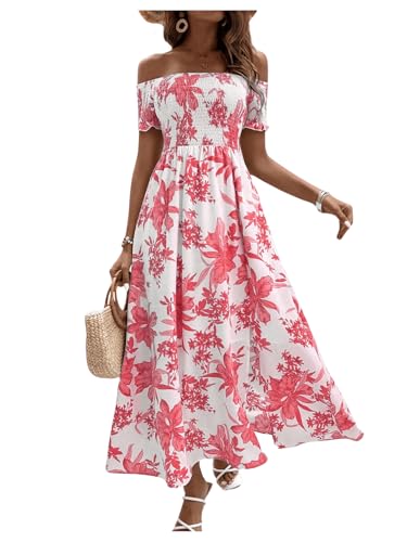 Image of Floerns Women's Boho Ditsy Floral Print Off Shoulder Short Sleeve Split Maxi A Line Dress