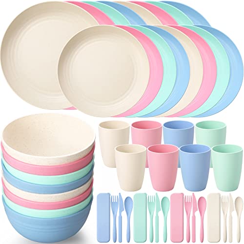 56 Pcs Wheat Straw Dinnerware Sets for 8 Reusable Plates and Bowls Set, Plastic Children Cups