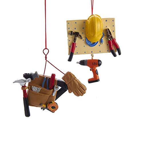Kurt Adler J8557 4 Inch Holiday Decorative Resin Stone Handyman Tool Hanging Accessory Christmas Tree Ornament Set with String Hanger (2 Pack)