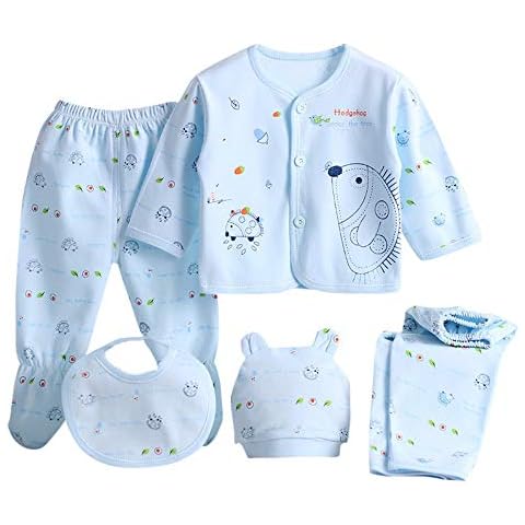 0-3 Months,Zimuuy 5PCS Newborn Toddler Baby Boy Girl Hedgehog Printed Cartoon Long Sleeve Tops+Hat+Pants +Bib Outfit Set (0-3 Months, Blue) Cover