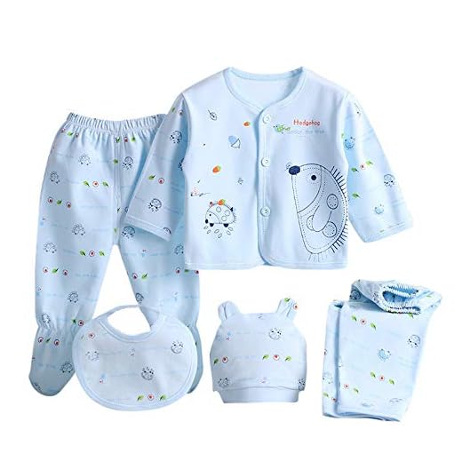 Value Pack Recién Nacido Bebé, LANSKIRT 6PCS Bebé Niña Niño Dibujos Animados Manga Larga Tops + Sombrero + Dos Pantalones + Conjunto de Traje Babero (Azul, 0-3 Meses)