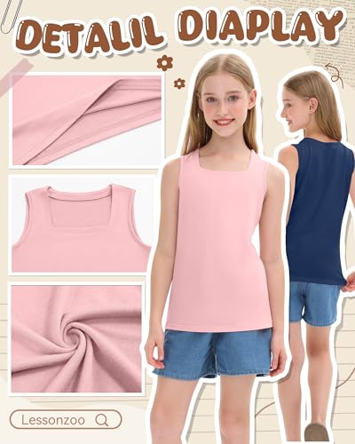 Image of 3 Pack Girls Square Neck Tank Tops | Basic, Sleeveless T-Shirts, Casual Summer Tanks, Kids Undershirts, School, Size 5-14 Years, Comfy, Elasticity