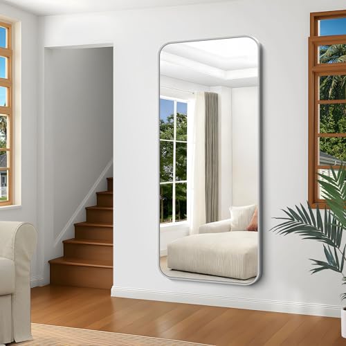 Image of Silver Bathroom Mirror, 72 x 30 Inch Large Rectangle Mirror, Rectangular Vanity Mirror Aluminum Metal Frame, Rounded Corner Wall Mirror for Living Room Bedroom Entryway Horizontal /Vertical
