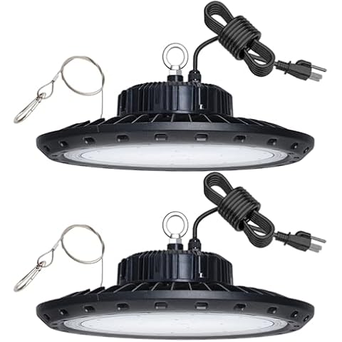 2 Pack 500W High Bay LED Lights, 70,000LM, Ac100-277V, ETL Listed, IP65, 5000K, UFO High Bay Shop Lights for Warehouse Factory Workshop with Hanging Hook and Safe Rope Cover