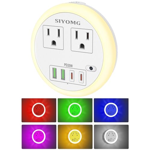 Image of LED Night Lights Plug into Wall, Plug in Night Light with 4 USB Ports and 2 Outlets, Smart Dusk to Dawn Sensor 6-Color Adjustable, Night Light for Bathroom Bedroom Hallway