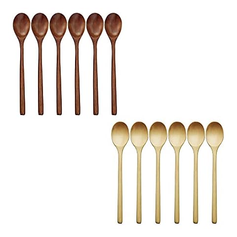 Wooden Spoons, 6 Pieces 9 Inch Wood Soup Spoons for Eating Mixing Stirring, Long Handle Spoon with Japanese Style Kitchen Utensil, ADLORYEA Eco Friendly Table Spoon Cover