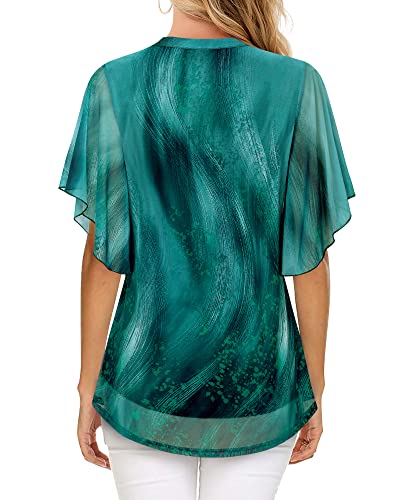 Image of Timeson Women's Short Sleeve V Neck Blouses Shirts Floral Double Layers Mesh Tunics Tops