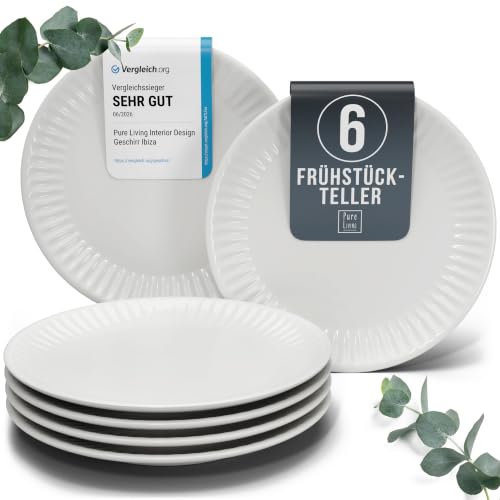 Steingut Frühstücksteller 6 Personen Hygge TESTSIEGER, Traumhaftes Skandinavisches Steingut Dessertteller Set, Kleine Teller, Salatteller - Pure Living in Hellgrau