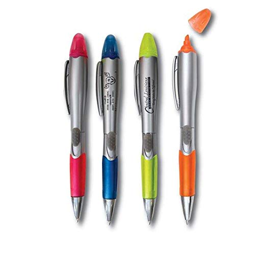 HEY PRODUCTS/PEN AND HIGHLIGHTER COMBO/SILVER BARREL WITH PINK,YELLOW,ORANGE AND BLUE HIGHLIGHTERS/MATCHING TRANSLUCENT COLORED RUBBER GRIP/BLACK INK/RETRACTABLE BALLPOINT PEN/25 PER PK