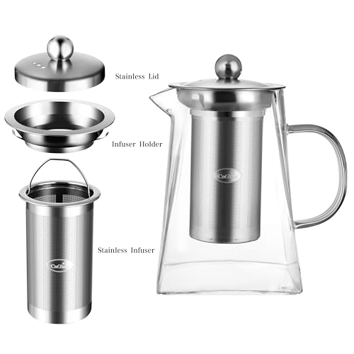 CNGLASS Glass Teapot with Infuser,31oz Clear Glass Tea Kettle with Removable Stainless Steel Strainer,Stovetop Safe Glass Teapot for Blooming and Loose Leaf Tea…