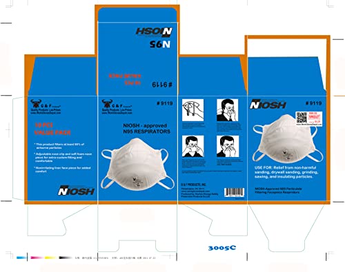 Image of G & F Products 9119 N95 Particulate Respirator Dust Mask Two-Strap Cup Style Design, Lightweight with Cushioning Nose Foam, NIOSH Approved 20 Masks