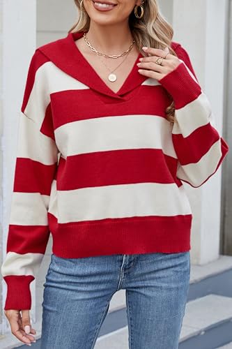 Image of D-Sun Women Striped Sweater V Neck Long Sleeve Cropped Color Block Pullover Sweater Casual Fall Winter Knit Polo Jumper Top