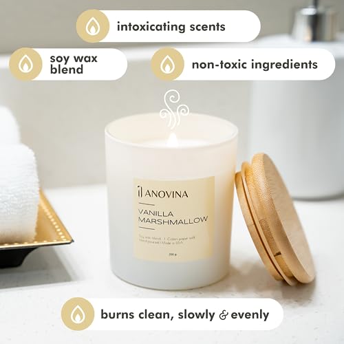 Anovina Vanilla Scented Soy Wax Blend Candle with Gift Box. Non-Toxic Candles for Home, Secented Candle Gifts for mom, Glass Jar with Bamboo Lid Hand Poured in USA