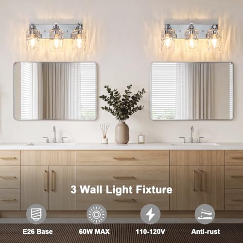 Image of 3-Light Bathroom Light Fixtures Modern Chrome Vanity Lights | Easy to Install Clear Hammered Glass Shades, Rippled Glow, Wall Mount Up or Down, E26 Socket, Hardwired, 120V