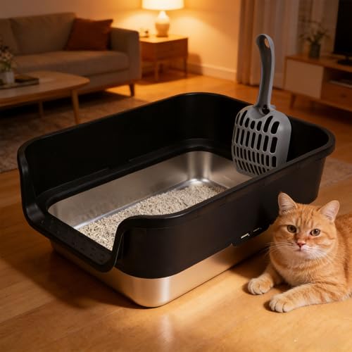 Arenero para gato de acero inoxidable, diseño abierto y alto miniatura 2