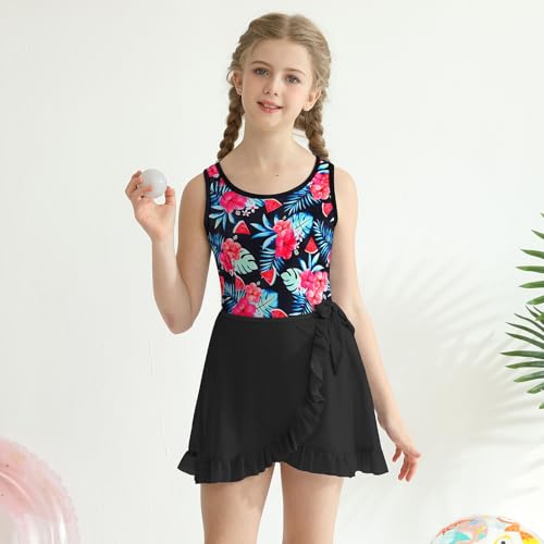 ESHOO Girls Tankini Sets Rash Guard Bathing Set 3 Piece Bikini Swimsuit with Cover Up Beach Skirt Tween Swimwear 7-14Y2