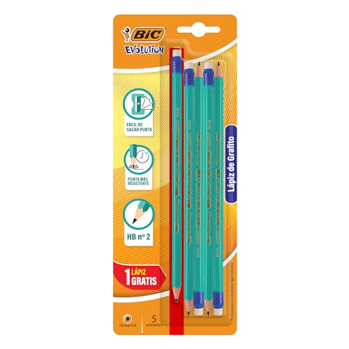 La Mejor Selección de Lápices los 5 mejores. 44 BIC, Lápiz de Grafito, Evolution HB #2, Fácil de Sacar Punta, Punta Más Resistente, Hecho de Resina 4 Piezas + 1 Lápiz Gratis