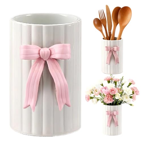 Handmade Pink Bow Ceramic Utensil Holder, 3D Coquette Cooking Utensil Crock with Scalloped Edge, Stable & Easy to Clean Kitchen Storage Caddy Organizer Vase Decor for Countertop Housewarming Gift