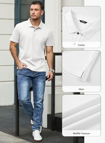 JMIERR Men's Waffle Polo Shirts Summer Casual Short Sleeve T-Shirt Button Up Solid Color Henley Shirts4
