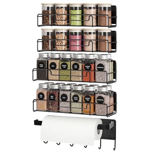 Mutool 4PC Magnetic Spice Rack with 1PC kitchen roll holder, 6 Hooks Herb rack, Wall Mounted fridge shelves, Fridge Shelf Seasoning Rack,Kitchen Organization and Herb Storage (Black)