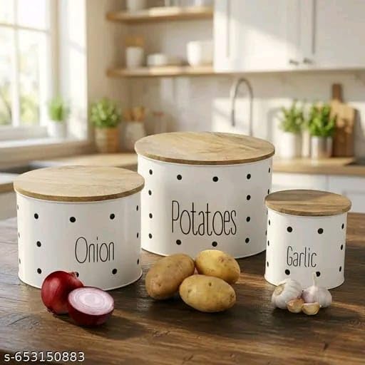 Image of Set of 3 Potato Onion & Garlic Storage Container For Kitchen | Storage Container For Kitchen Storage with Lid. (White)