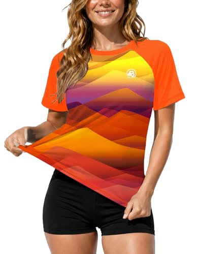 Image of AOBUTE Women Short Sleeve Rash Guard Gradient Sun Protection Swim Shirts