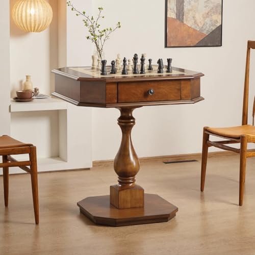 ComeWay Chess Table Reversible Chess Checker Game Table with 2 Drawers for Family Entertainment Room 3-in-1 Square Game Tray for Chess Checker Backgammon Cherry Finish
