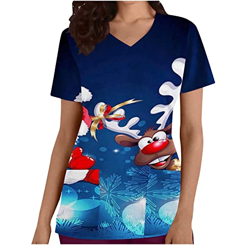 Blusas femininas estampadas para mulheres manga curta gola V trabalho scrub férias Natal verão outon