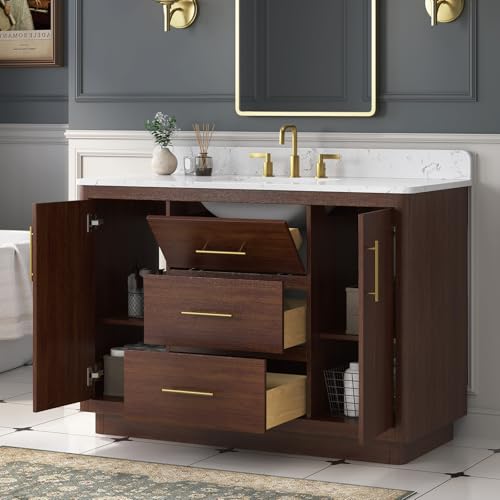 DELUXE LIVING 48 Inch Bathroom Vanity with Sink, Solid Wood Frame with Engineered Marble Countertop, Fully-Assembled Vanity with Soft-Close Drawers, Adjustable Feets, Warm Elm