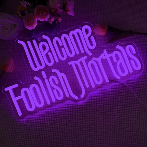 Welcome Foolish Mortals Neon Sign,Dimmable Spooky Gothic Haunted Mansion Decor Coffin LED Neon Signs for Wall Decor,USB Powered Led Neon Light for Party Haunted House Man Cave Birthday Christmas Gifts(16.1*9.4in) (Purple)