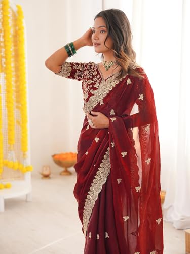 Image of SIRIL Women's Tissue Silk Sequence Embroidery Saree With Unstitched Blouse Piece