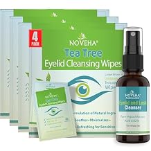 NOVEHA Mega Eyelid Hygiene Bundle 4 Boxes of Tea Tree Oil Wipes 240pcs + Bonus Hypochlorous Acid Spray 30ml | Complete Eyelid & Lash Care for Daily Use