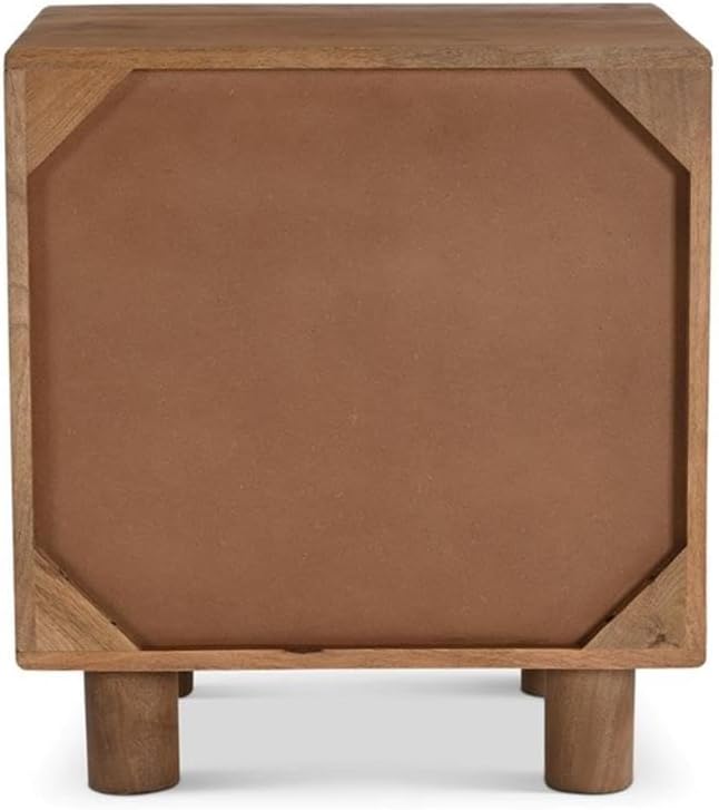 Pemberly Row Solid Wood Nightstand, 20 in, Medium Brown Finish, Woven Drawer Panel, Rounded Edges, Open Shelf, Natural Fiber Design, Contemporary Bedside Table for Organized Storage in Bedroom