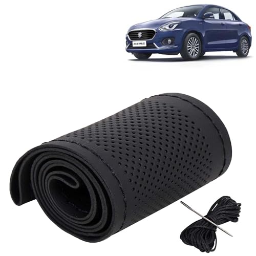 Image of KINGSWAY PU Leatherite Car Steering Cover Sewable Compatible with Maruti Suzuki Swift Dzire (Year 2017-2019), Black Color with Black Thread, Pack of 1 with Sewing Needle and Thread
