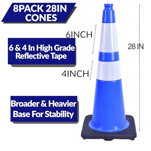 Image of BESEA 8 Pack 28 Inch Blue Traffic Cones with Wide Weighted Base