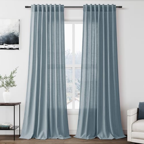 Image of Nanspring Light Blue Linen Curtains 108 Inches Long for Living Room Bedroom 2 Panels Set Extra Long Back Tab Curtain Light Filtering Sheer Drapes Floor to Ceiling Curtain for Large Windows 52x108.