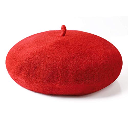 Jeicy Wool Beret Hat Solid Color French Beret With Skily Scarf And Brooch, Red #TOP4