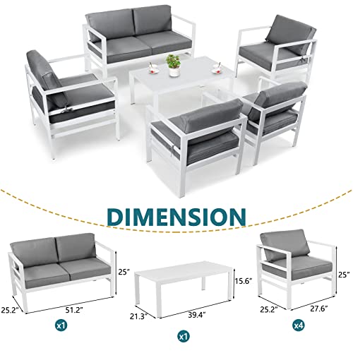Fyrickylinoo 6 Pieces Aluminum Outdoor Patio Furniture Set, White Modern Aluminum Outdoor Conversation Furniture Set,All-Weather Metal Patio Sectional Furniture Set With Sofa Couch, Light Grey #TOP1