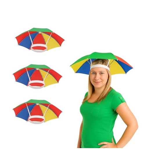 FUN FABLES Rainbow Multi-Color Umbrella Hat | Adjustable Hands-Free Folding Cap for Adults | Rain Hat Fancy Dress for Beach Fishing Golf Party Headwear, Multi, One Size