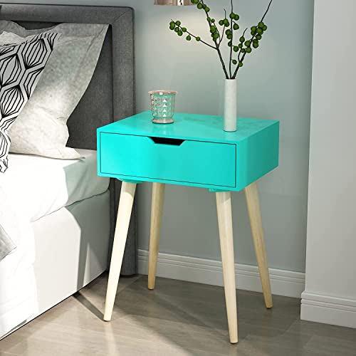 Nightstand End Side Table Drawer and Solid Wood Legs Bedside Tabl...