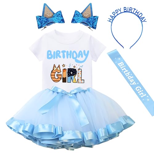 Birthday Girls Outfit T-Shirt Tutu Skirt Sets with Blue Ears Hair Clips Headband and Satin Sash…
