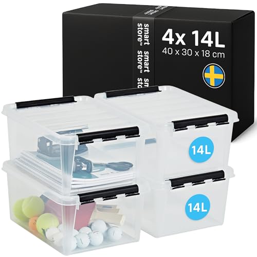 SmartStore - 4x Boîte de Rangement Plastique avec Couvercle Classic 14L (40x30x18cm) | Empilable et de Qualité Alimentaire | Boîte Plastique avec Couvercle & Coins Renforcés | Garantie 10 Ans