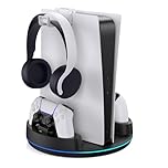 NEWDERY for PS5 /PS5 Slim/PS 5 Pro Stand, Dual Controller Charger Station with RGB Light for PlayStation 5, Vertical Stand for Playstation 5 Digital/Disc Console, Black