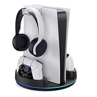 NEWDERY für PS5 /PS5 Slim /PS5 Pro Ständer, Dual-Controller-Ladestation mit RGB-Licht für PlayStation 5, Vertikaler Ständer für PlayStation 5 Digital/Disc-Konsole, Schwarz – Ansicht 1