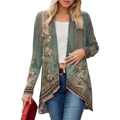 IVERIRMIN Womens Boho Floral Draped Open Front Jacket Lightweight Tribal Print Cardigan Striped Kimono Indian Vintage Outwear Cover