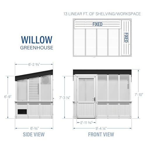 Image of Backyard Discovery Willow 9' x 6' White Cedar Wood and Polycarbonate Walk-in Greenhouse Kit with Exhaust Fan, Windows, Hose Hook-Ups, PowerPort, Staging Shelves for Year-Round Outdoor Gardening
